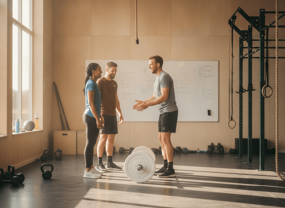 Coach en lid lachen samen voor de WOD
